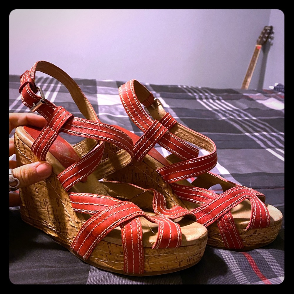 Red strappy boutique wedges